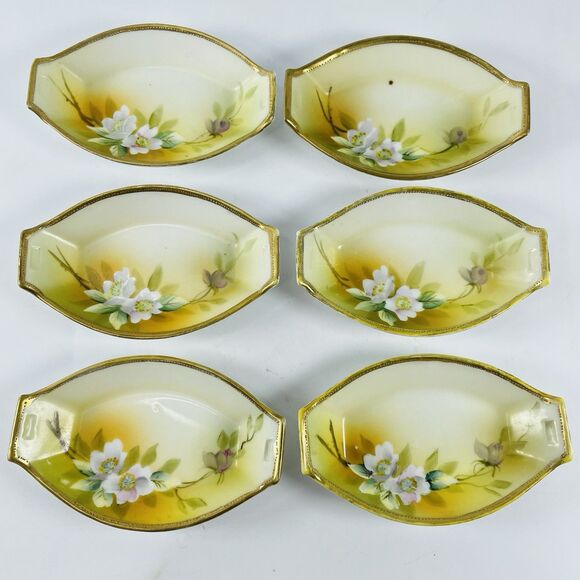 6 Nippon Hand Painted Open Salt Gold Moriage Dogwood Flowers M in Wreath ca 1915 - Picture 1 of 16